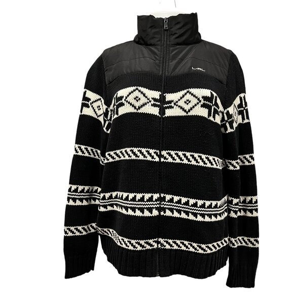 Lauren Ralph Lauren Sweaters - Lauren Ralph Lauren Zip Cardigan, Southwest, Cotton, Black Ivory, XL